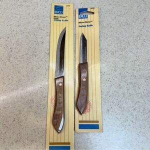 New Sealed Vintage EKCO Micro-Sharp Utility & Paring Knife Set Wood Handle USA